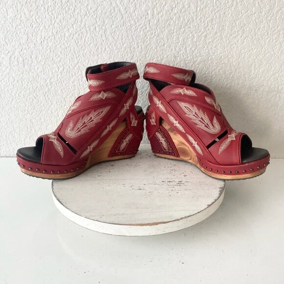 Lane Boots LEXINGTON Womens Red Wedges 10 Western Sandals Cowgirl Wooden Heels - Picture 7 of 10